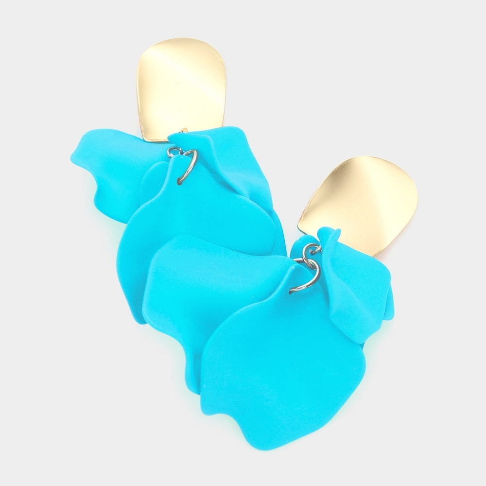 Blue Petal Link Dangle Earrings 3 Inch Tear Drop Down Cluster Colorful Jewelry